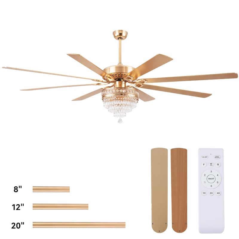 52" or 62" Crystal Ceiling Fan Chandelier with Lights,Remote Control, Timer,Reversible Motor
