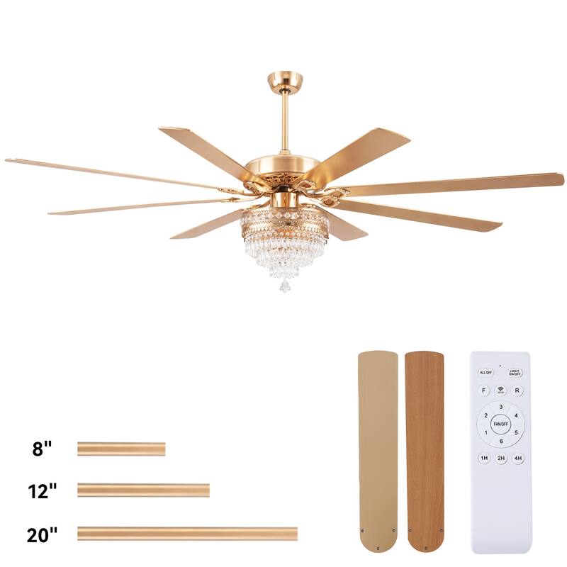 Kviflon 52"/62" Modern Crystal Chandelier Ceiling Fan Light,Reversible Airflow,E12 Bulbs,for Living Room Bedroom,Kitchen,Patio