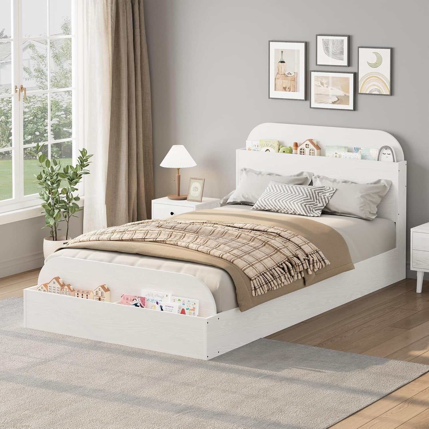 Twin Size Bed Frame with Storage Headboard Twin Floor Low Platform Bed