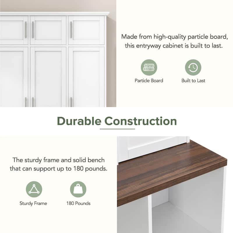 Hall Tree Storage Cabinet with 4 Hidden Hooks, Bench, and Open Compartments