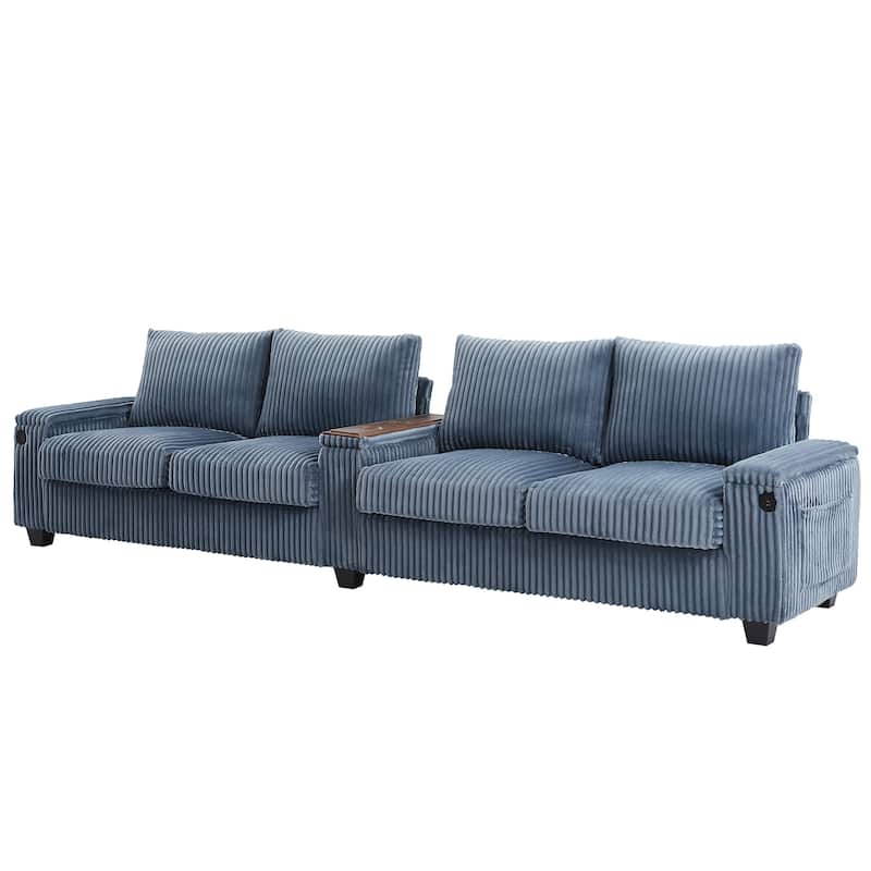 133" Corduroy 4-Seater Sofa with USB Ports, Hidden Storage Arms & Flip-Top Cup Holders