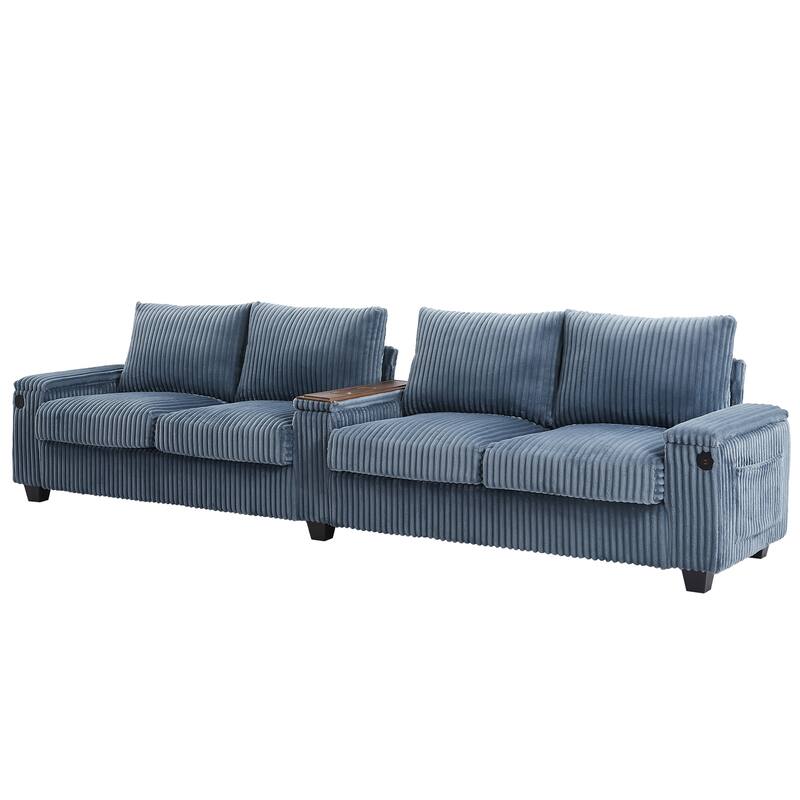 133-In Corduroy Sectional Sofa with USB Ports, Hidden Storage Arms, Flip-Top Cup Holders