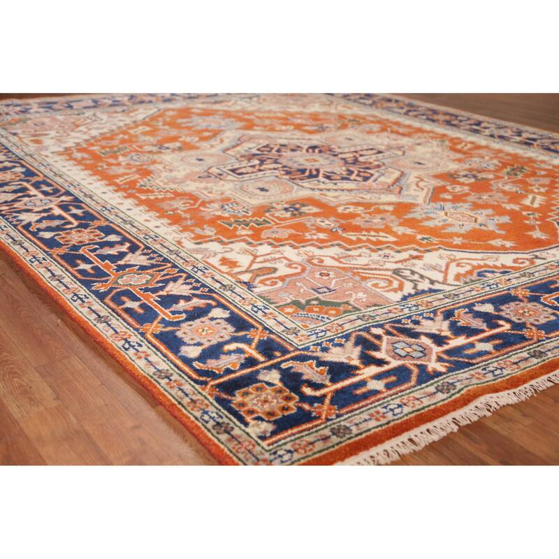 Medallion Heriz Serapi Indian Area Rug Handmade Orange Wool Carpet - 7'10" x 9'9" - 7'10" x 9'9" - Orange