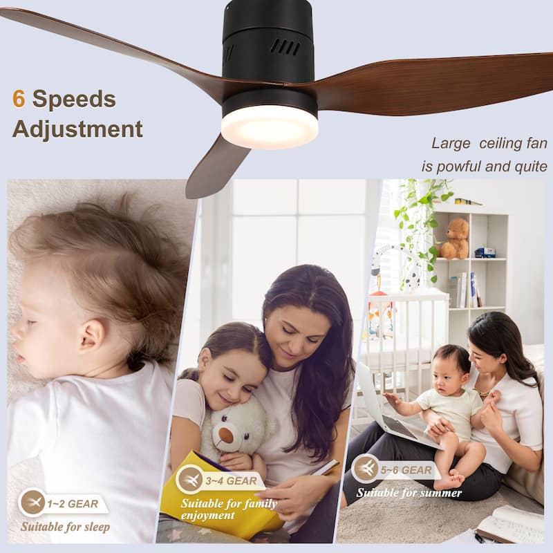 Bella Depot 46" Flush Mount Ceiling Fan with LED Light and Remote 6-Speed Reversible Fan