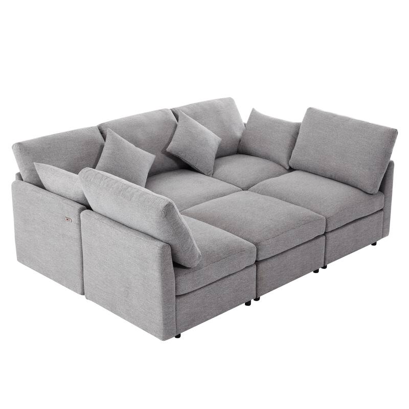 L-Shaped Modular Sectional Sofa Convertible U-Shaped Sofa Bed with Movable Ottoman and 2 USB Ports, 2 Pillows, Chenille 5 Seat
