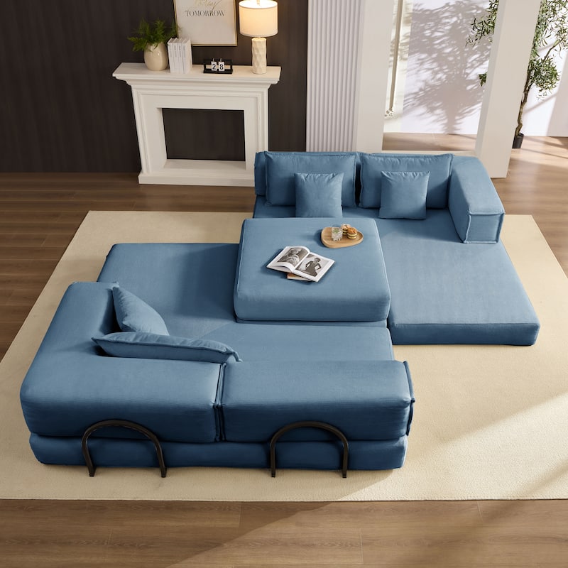 DIY Modular Corduroy L-Shaped Floor Sofa Set with 6 Pillows