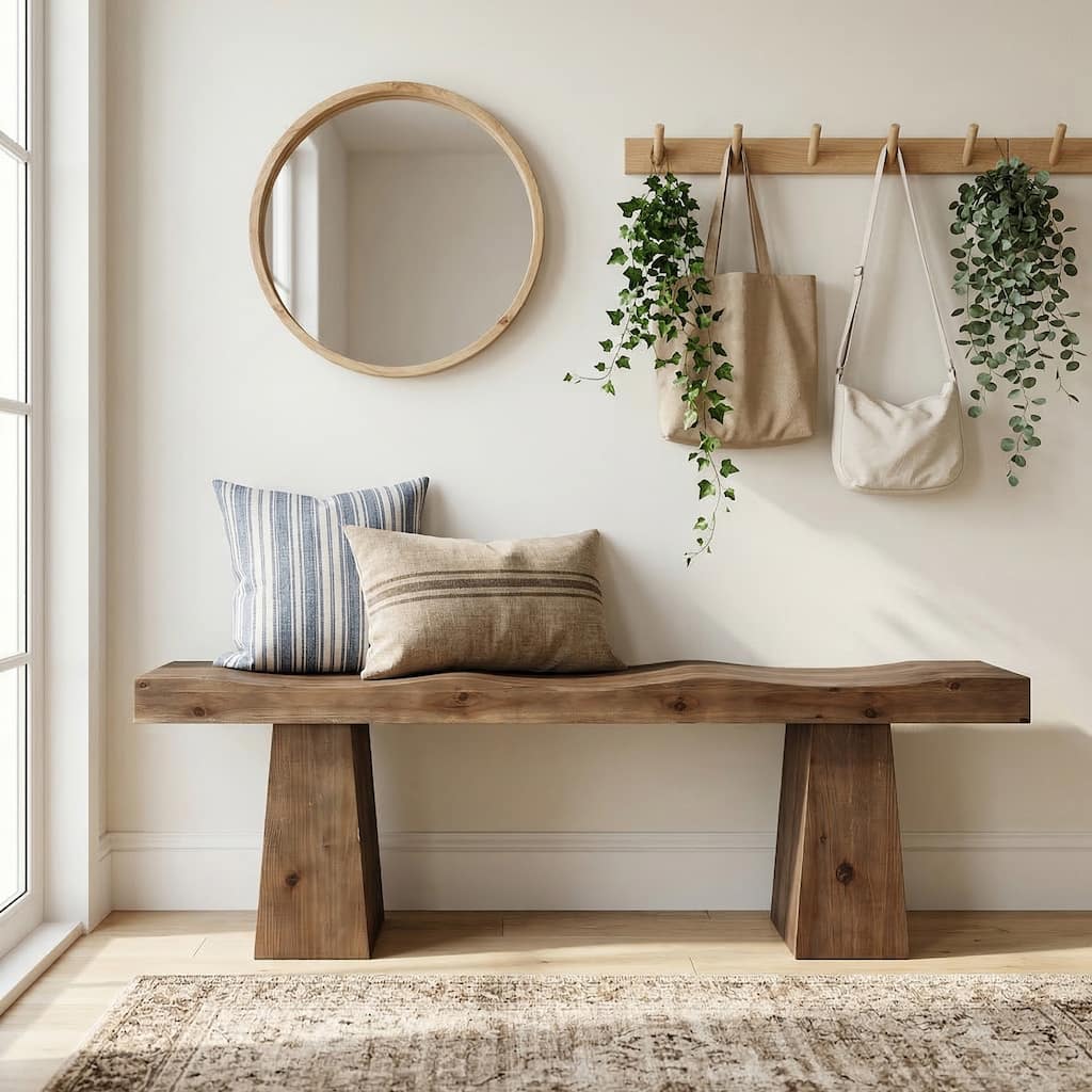 Solid Wood Entryway Bench with Thickened Legs and Wavy Edges Design