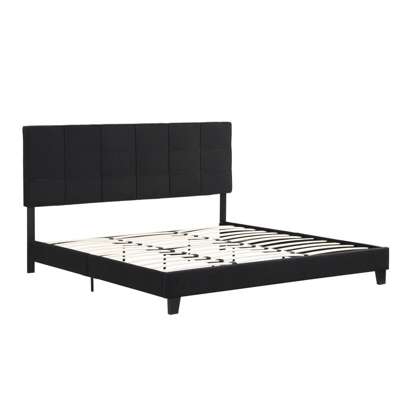King Size Upholstered Platform Bed Frame with Linen Headboard, No Box Spring Needed, Wood Slat Support