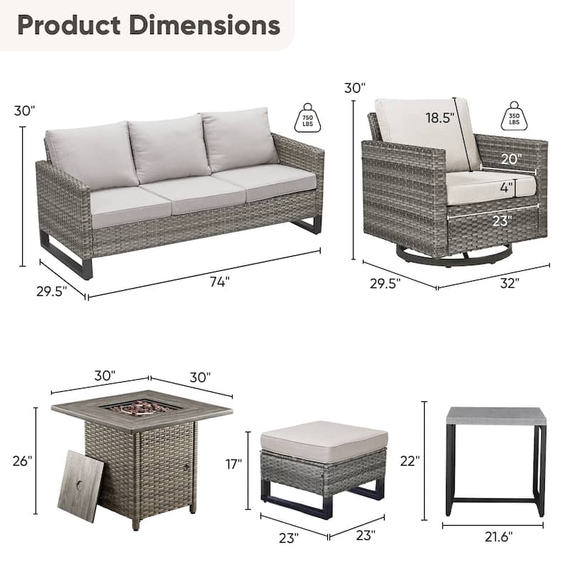 7 Pieces Fire Pit Table with Sofa Swivel Chair Ottoman Set