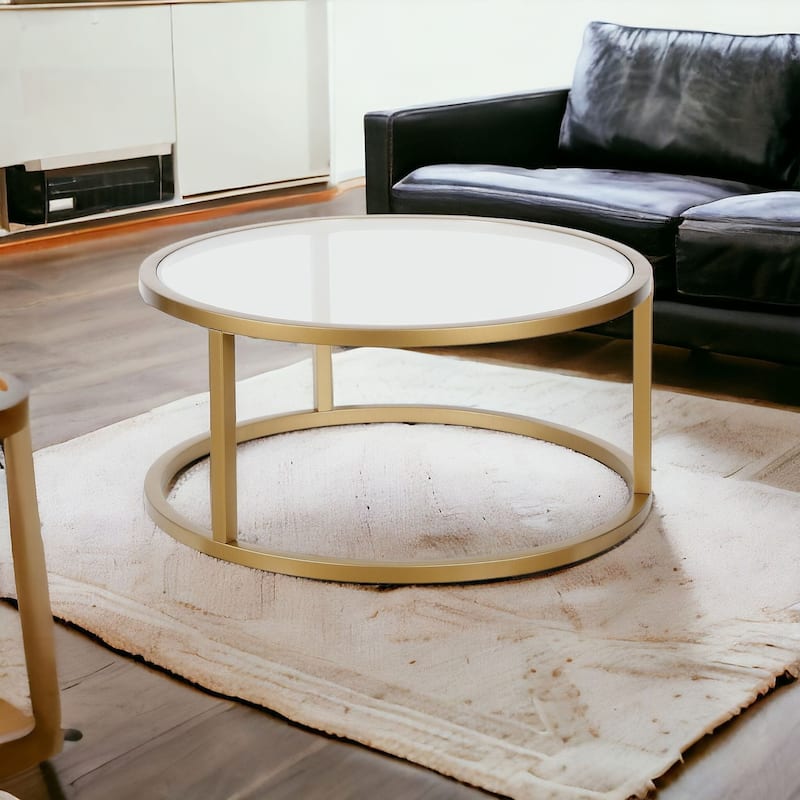 35-Inch Glass and Steel Round Coffee Table for Living Room - 35” x 35” x 17”