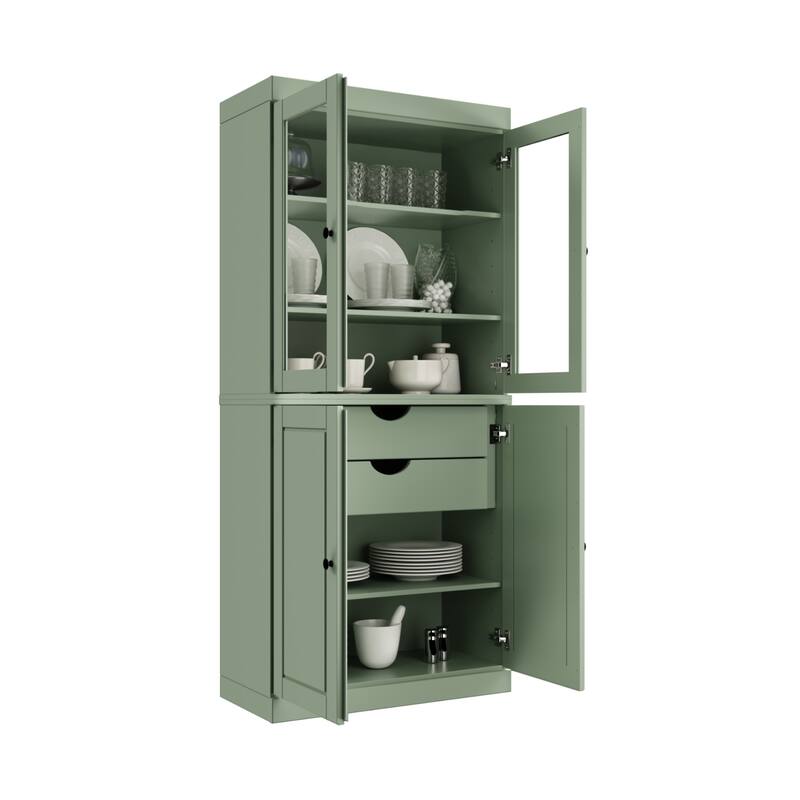 Palace Imports Solid Wood Pantry Cabinet, Raised Panel & Clear Glass Doors, 2 Drawers, Adjustable Shelves