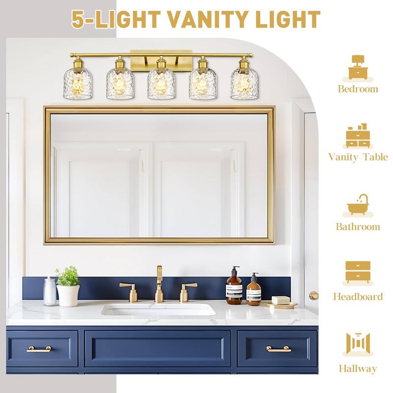 Bathroom Lighting with Clear Hammered Glass, Brushed Gold Finish