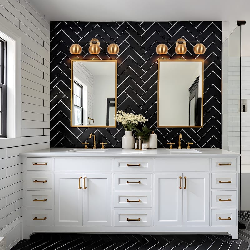 Marden Modern Black Gold 3-Light Bathroom Vanity Lights Vintage Metal Globe Wall Sconces - 22.5" L x 7" W x 8" H