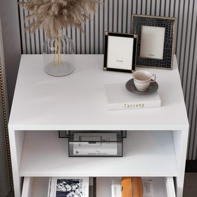 Timechee Modern 1-Drawer White Bedside Nightstand with Open Shelf
