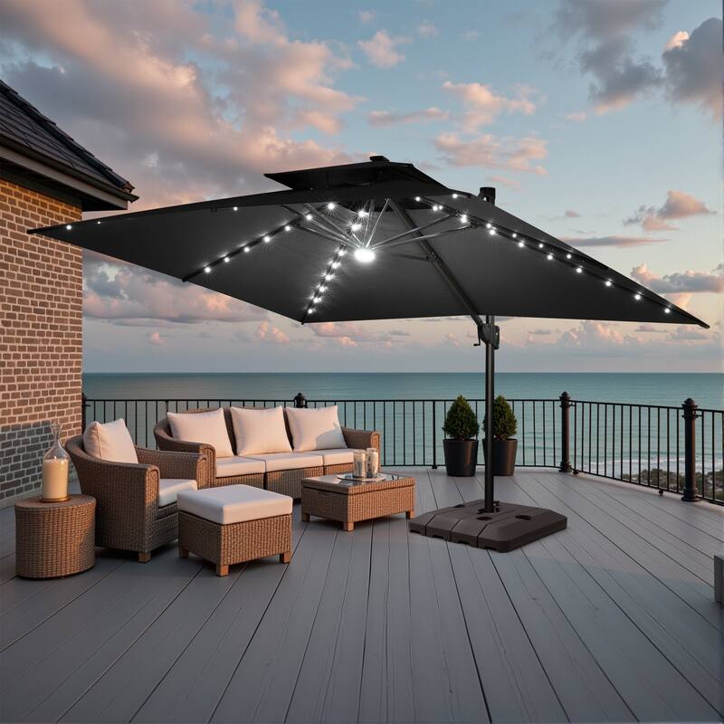 10 FT x 13 FT Outdoor LED Lighted Patio Cantilever Umbrella with Base - Black
