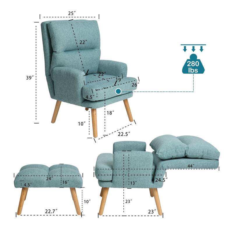 Accent Chair with Ottoman Set Wood Legs and Adjustable Backrest