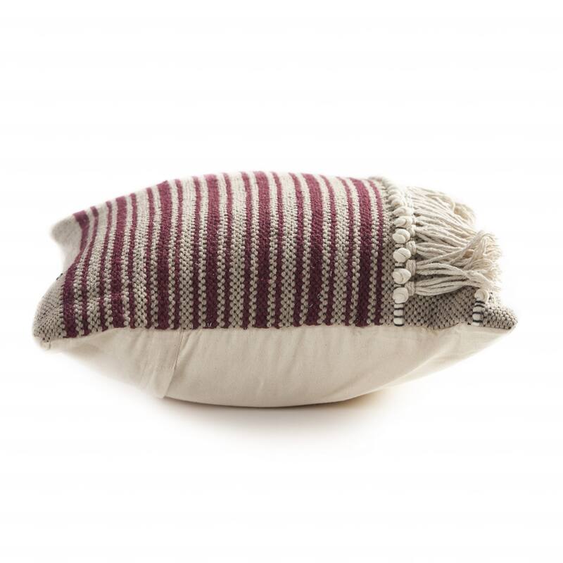 HomeRoots 20" X 20" Maroon Red And Off-White 100% Cotton Striped Zippered Pillow