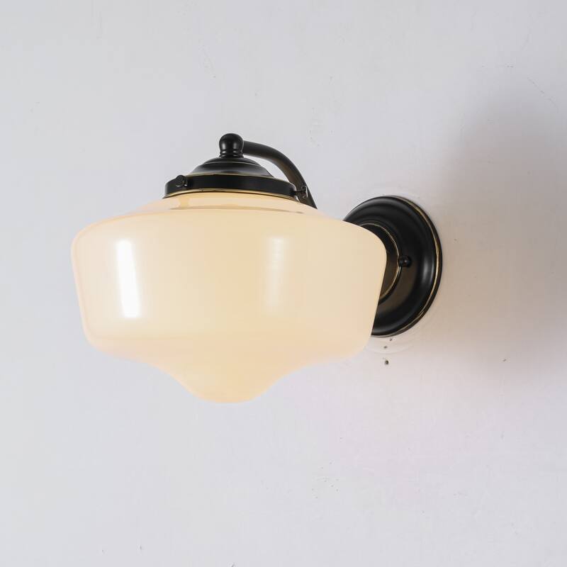 9.8 in. 1-Light Matte Black/Gold Dimmable Wall Sconce With White SchoolHouse Glass