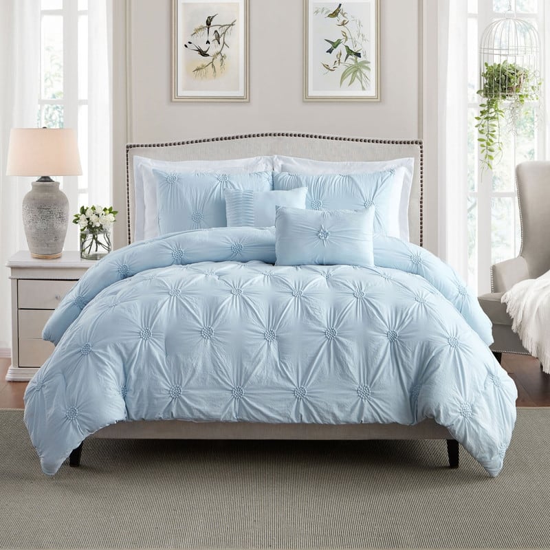 Home Essential Stylish Extra Plush Ultra Soft 3D Hand Embroidered Floral Pintuck Bedding Comforter Set - Baby Blue - Twin