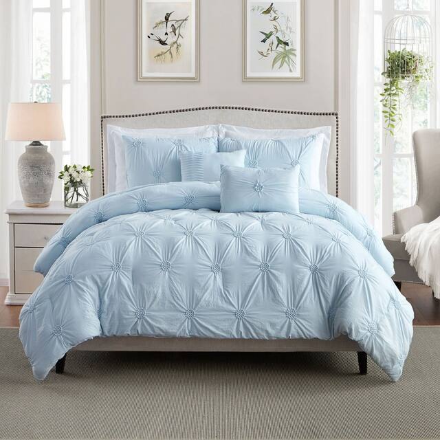 Home Essential Stylish Extra Plush Extra Soft Floral Pintuck Bedding Comforter Set - Baby Blue - Full - Queen