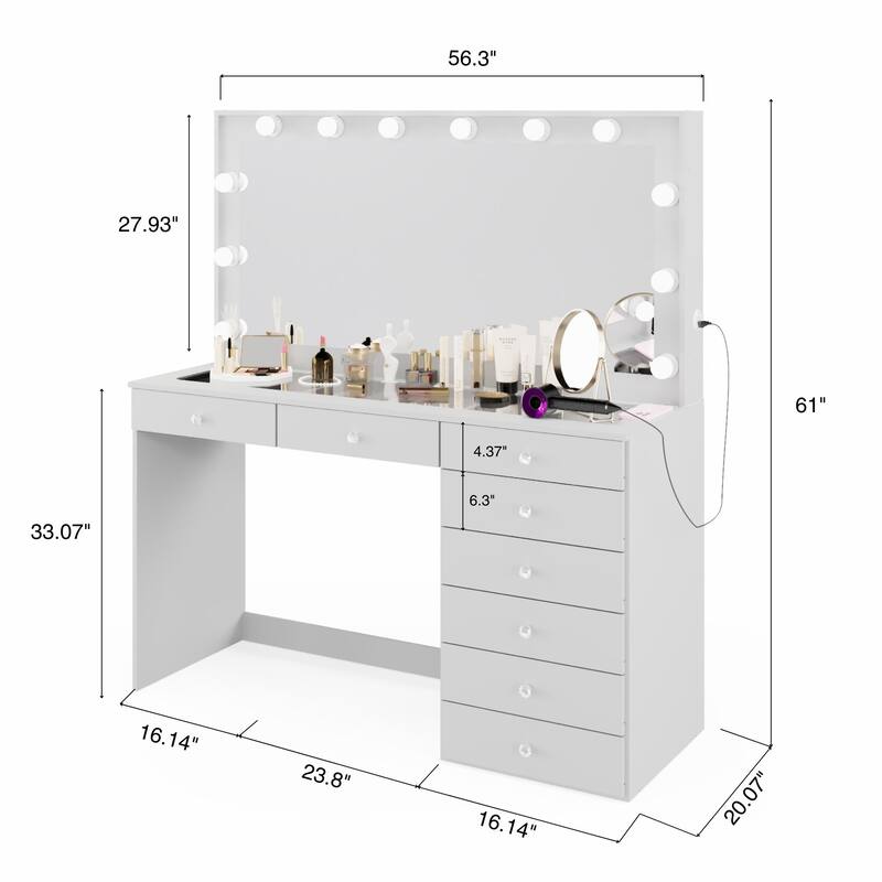 Hollywood Large Makeup Vanity Desk with 12 Light Bulbs; Modern Dressing Table with Multiple Storage Drawers & Crystal Knobs