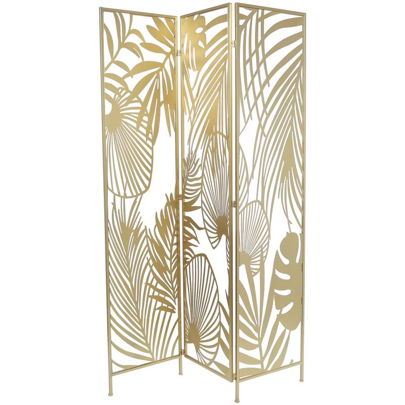 Gold Metal Foldable Partition Cutout Palm Leaf 3 Panel Leaf Partition Room Divider Screen