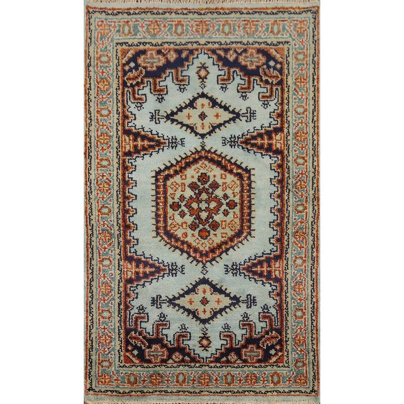 Turquoise Geometric Viss Indian Accent Rug Hand-Knotted Wool Carpet - 3'0"x 5'0"