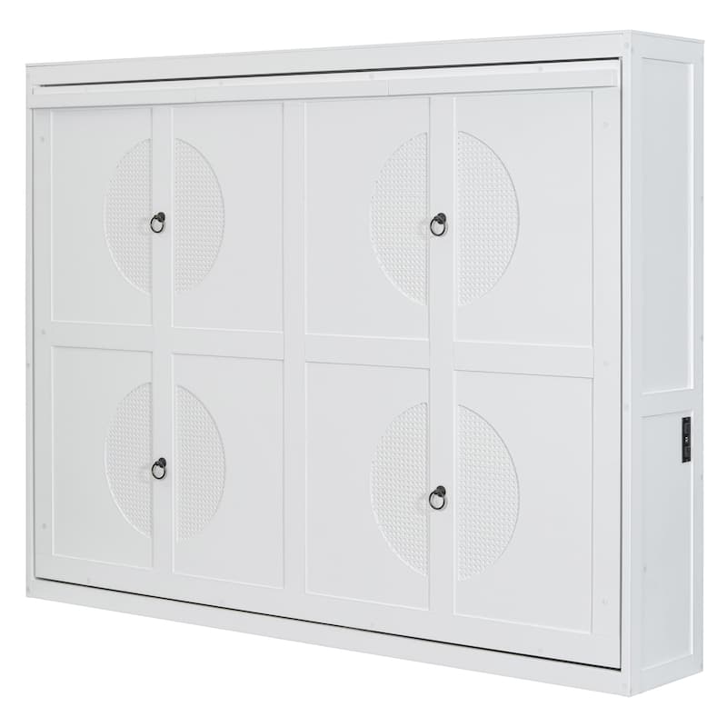 Queen Size Murphy Bed Cabinet,Space Saving Foldable Wall Bed with Rattan Design, Dual-Piston Mechanism