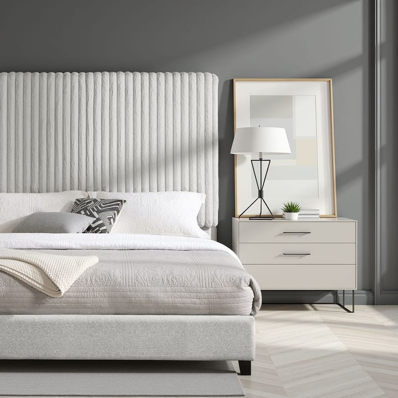 Bridgevine Home Minky Stone Grey Channel Headboard Upholstered Platform Bed