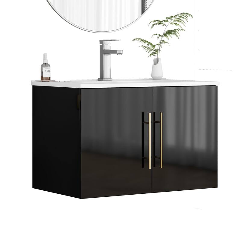 30-Inch Gloss Wall-Mounted Bathroom Vanity with Double Doors, Soft-Close Hangers,Long Gold Metal Handle