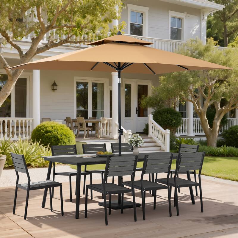 11 PC Outdoor Patio Dining Set Wood-Like Aluminum Umbrella Hole Table with Stackable Chairs,Double Top Market Umbrella and Base - GreyTable&GreyChairs&TanUmbrella