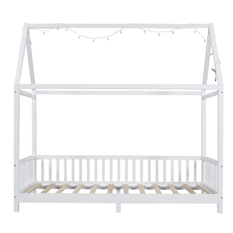 Twin Size Solid Wood House Bed with Guardrail, LED, and Roof