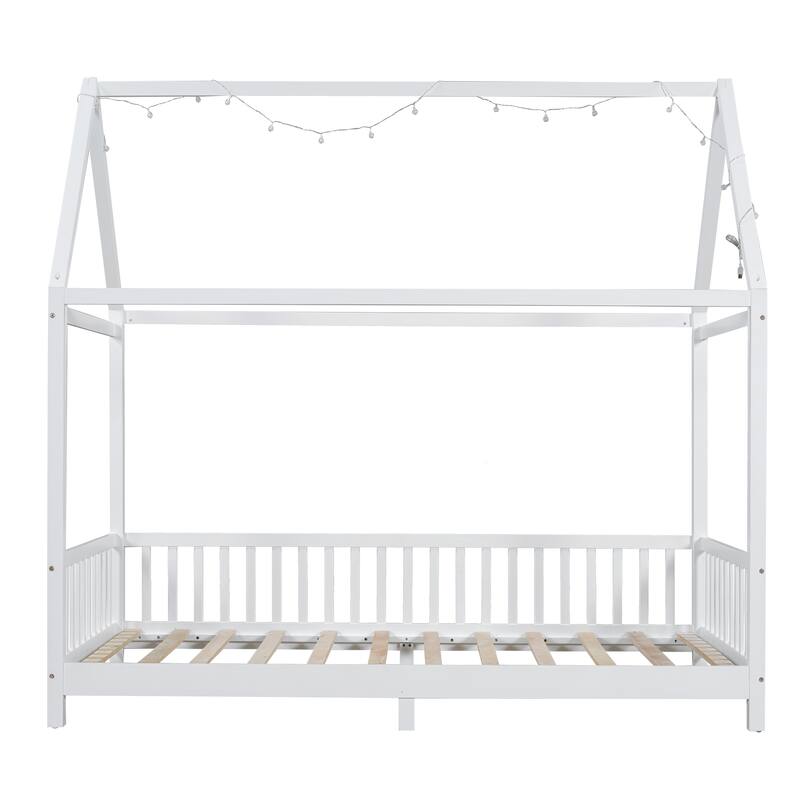 Wood House Bed With Guardrail And Led, White