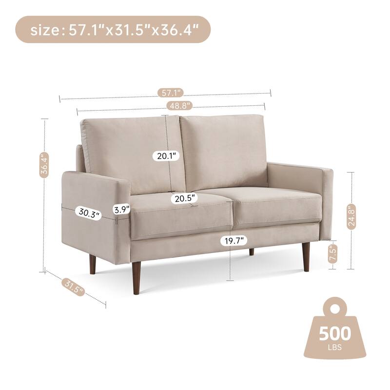57 Inch Wide Upholstered Loveseat with Square Arms - N/A