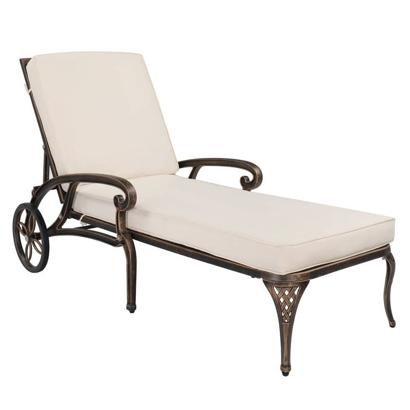 Cast Aluminum Outdoor Chaise Lounge Chair with Wheels and Cushion - N/A - Bronze