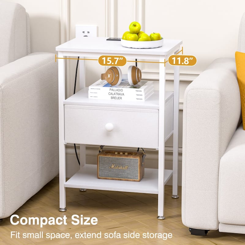 VECELO Nightstand Set with Charging Station 2 AC Outlets & 2 USB Ports 24-Inch High nightstand with Fabric Drawer 2 Open Shelves