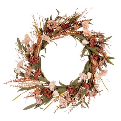 Vickerman 20" Brown and Cream Artificial Carnation and Chinese Lantern Wreath.