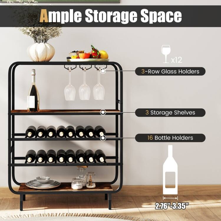 5-Tier Rustic Wine Rack with Glass Holder Holds 16 Bottles & 12 Stemware Glasses - 36" x 14" x 46"