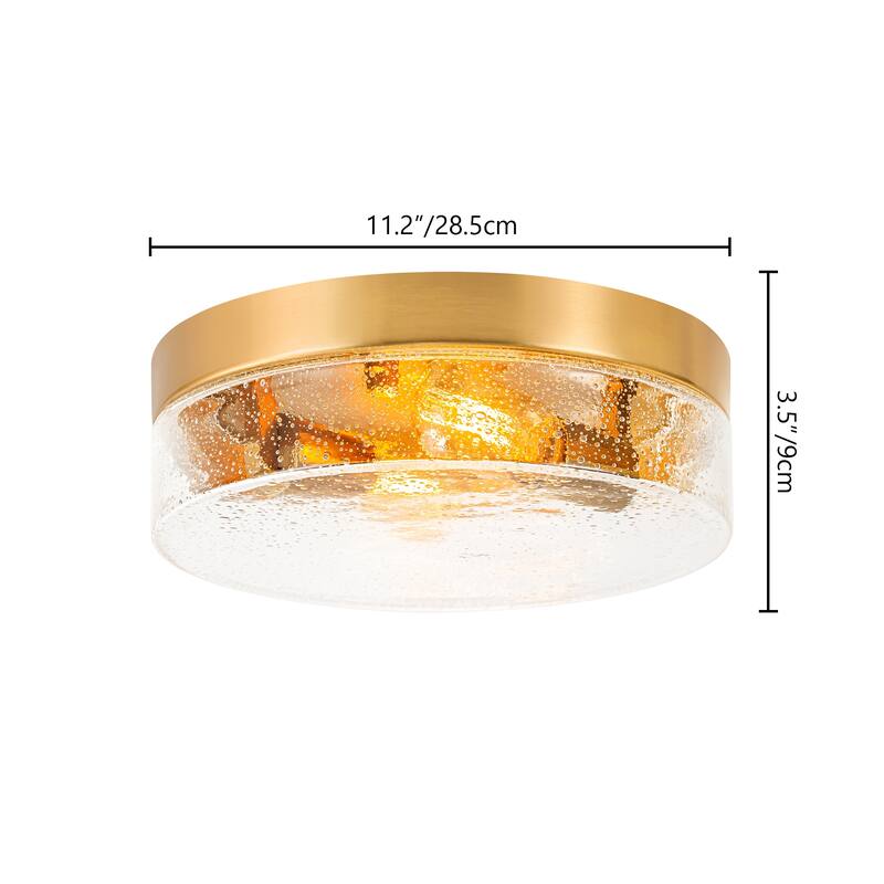 2-Light Gold/Bronze Modern Farmhouse Industrial Dimmable Dome Round Flush Mount Light with Seeded Glass Shade