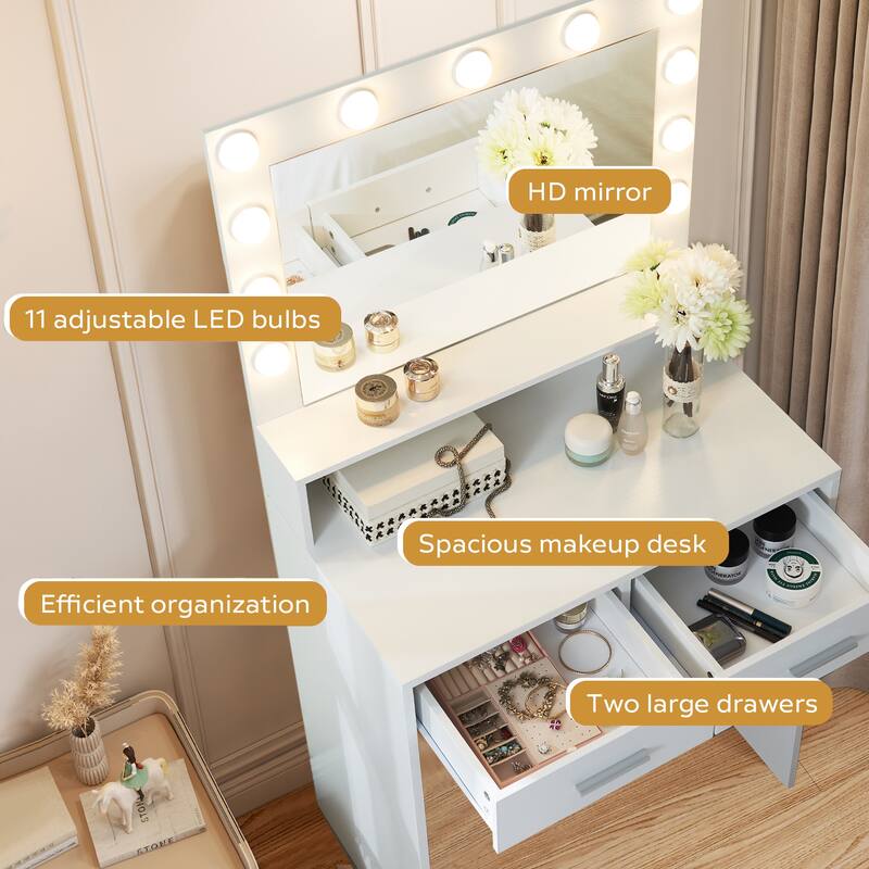 Small Vanity Table with 2 Drawers 3 Light Modes Makeup Mirror