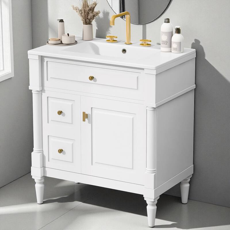 30" Freestanding Bathroom Vanity with Ceramic Sink, Solid Rubberwood Frame, Flip Drawer & Adjustable Shelf - White