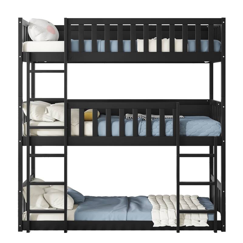 Roomfitters Twin Triple Bunk Bed, Rubber Wood Detachable Design with Ladders and Guardrails, Twin over Twin over Twin