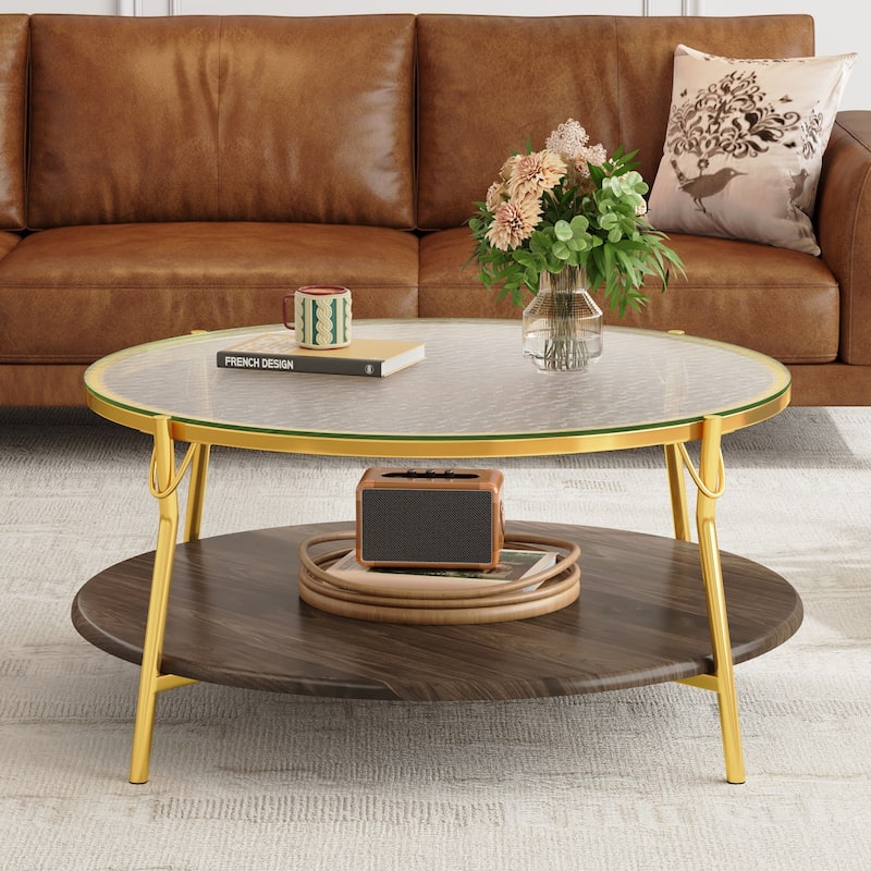 29.9" Round Coffee Table, Luxurious Center Table for Living Room, 2-Tier Storage Table with Glass Top and Gold Base