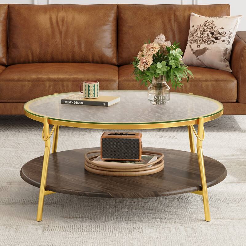 Modern Round Coffee Table 29.9", 2-Tier Walnut Glass Top Table with Gold Base for Living Room