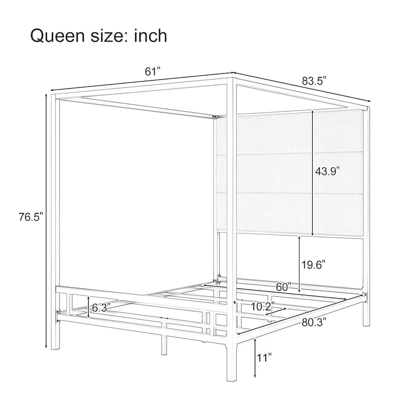 Metal 4-Poster Bed Frame Modern Canopy Upholstered Bed with Tall Upholstered Headboard