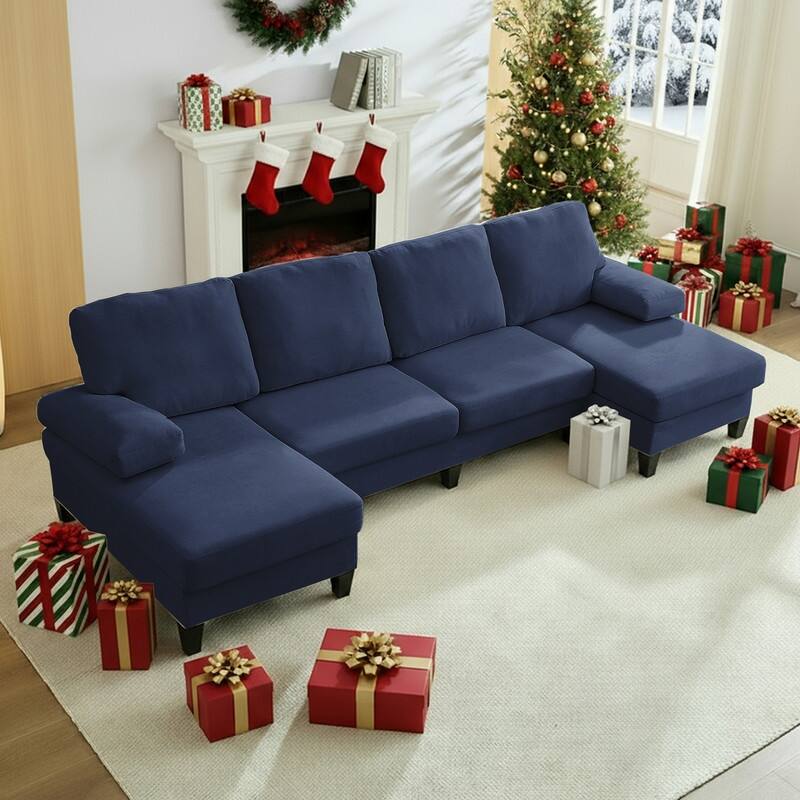 Mixoy W110"Velvet U-Shaped Sectional Sofa Couches,Upholstered 4-Seater Sofa with Double Chaises and Sleepable Armrest - Blue - Symmetrical