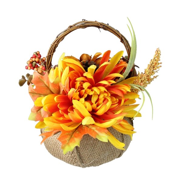 9.5" Autumn Harvest Floral in Burlap Pumpkin Basket Decoration - N/A