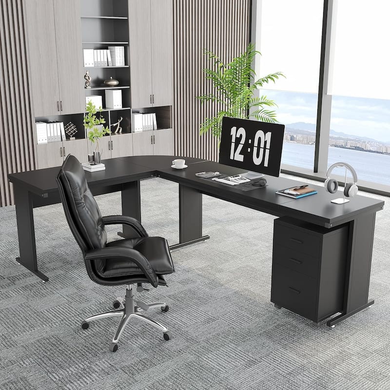 83" L-Shaped Executive Desk, Large L Office Desk with 3-Drawer Mobile File Cabinet, Business Furniture Desk Workstation