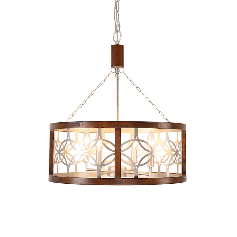 Cusp Barn 4-Light Rustic Wood Chandelier Shabby Hanging Lamp Farmhouse Drum Pendant Light Fixtures for Entryway