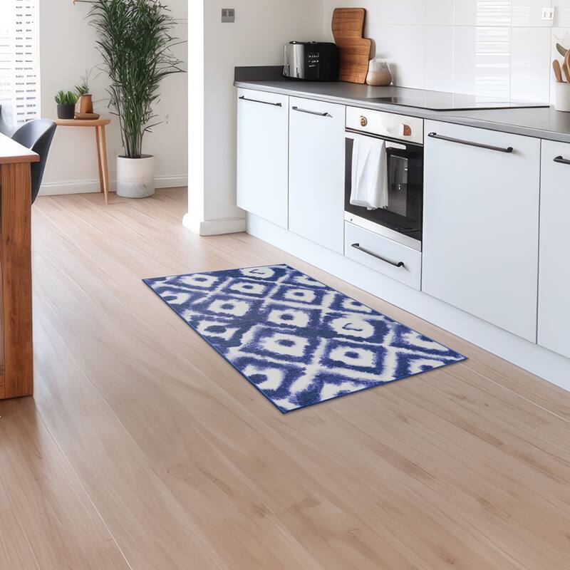 My Magic Carpet Shibori Geometric Diamond Blue Machine Washable Rug